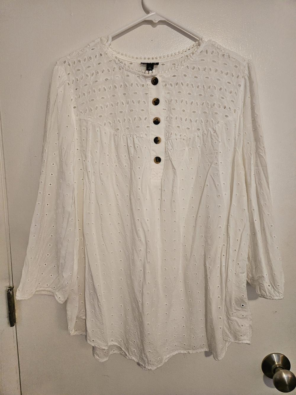 torrid White Eyelet Peasant Henley Blouse with Brass Buttons